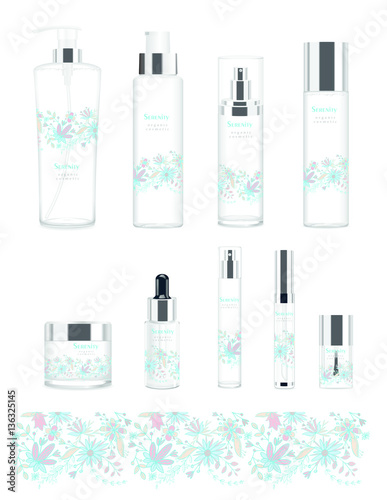 Set of nine transparent cosmetic tubes with design. Vector