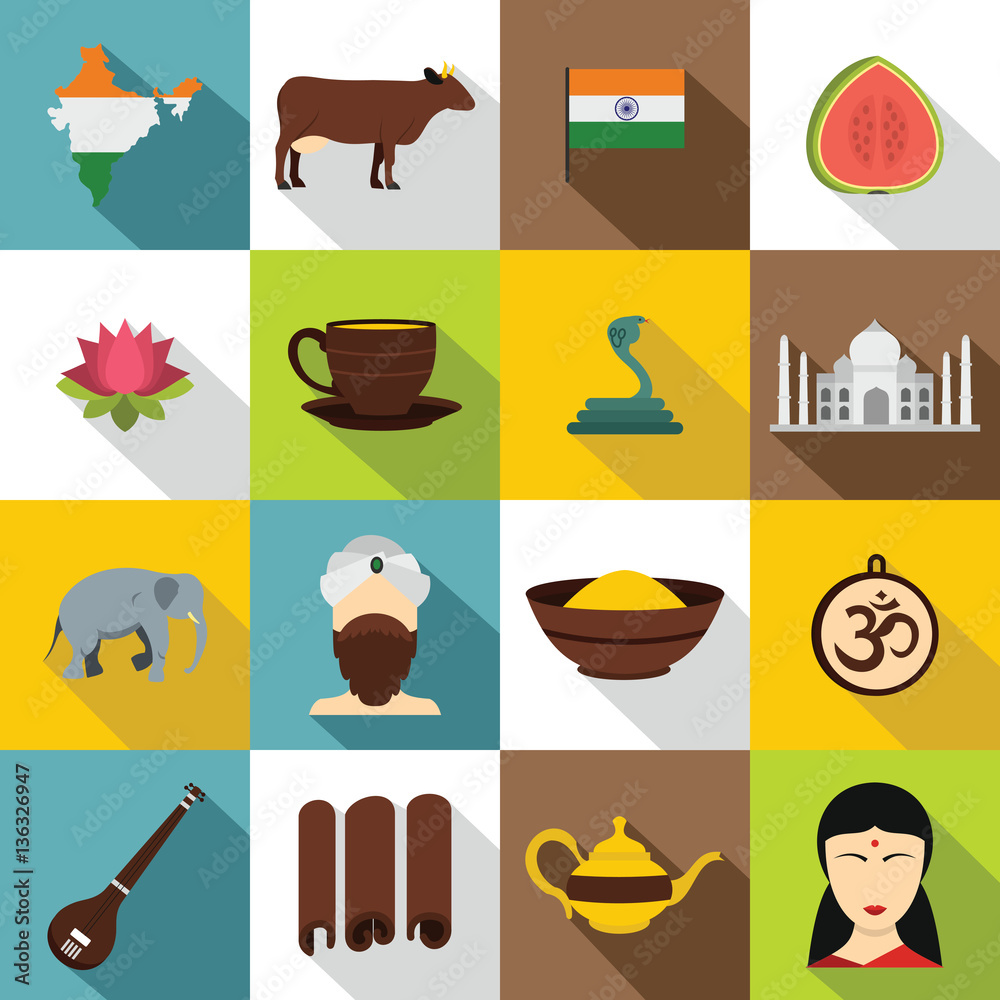 India travel icons set, flat style
