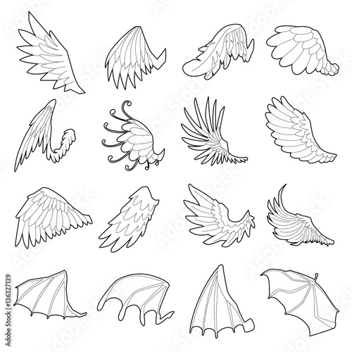 Different wings icons set, outline style