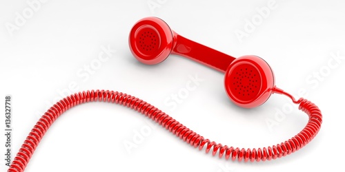 Red old phone receiver on white background. 3d illustration