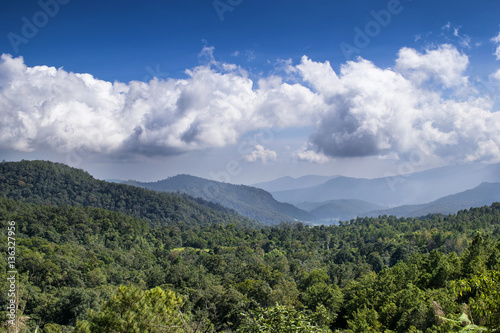 Mountain land and cloudy blue sky landscape