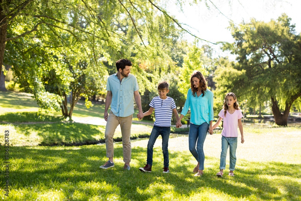 Happy family with hand in hand walking in park