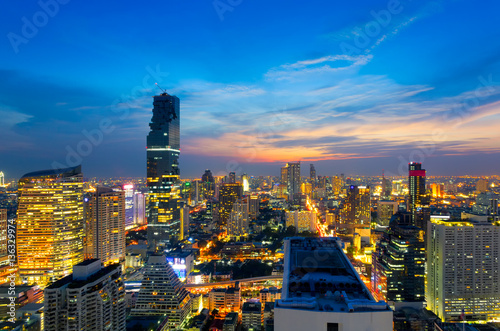 Aerial view of Bangkok modern office buildings, condominium, living place in Bangkok city downtown with sunset scenery, Bangkok is the most populated city in Southeast Asia.Bangkok , Thailand photo