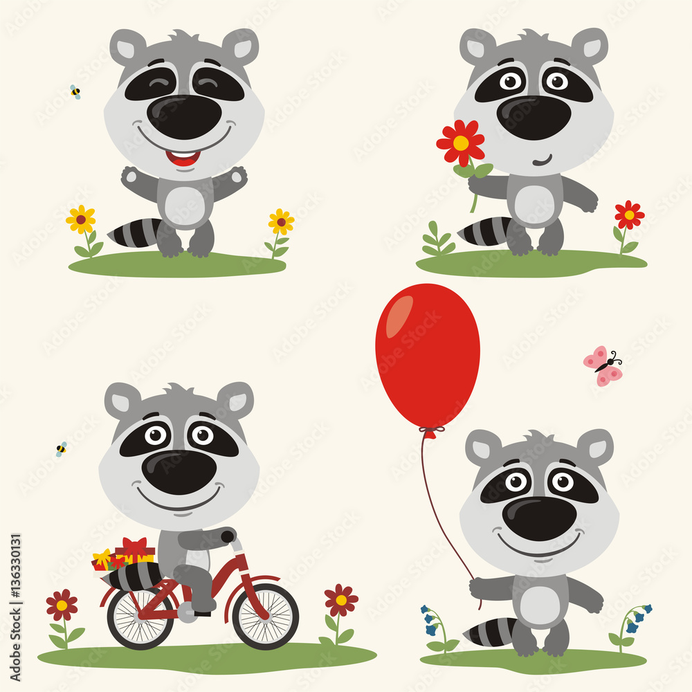 Vector set funny raccoon plays on meadow. Collection isolated raccoon on bicycle, with balloon and flower in cartoon style.