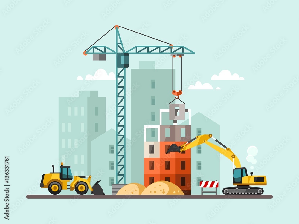 Vetor de Building work process with houses and construction machines ...