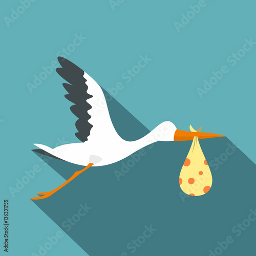 Flying stork with a bundle icon, flat style