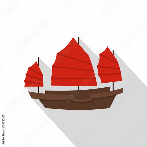 Chinese boat with red sails icon, flat style