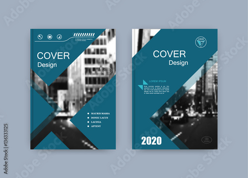 Creative book cover design. Abstract composition with image. Set of A4 brochure title sheet. Blue green, turquoise colored geometric shapes. Interesting vector illustration. Minimalistic style.