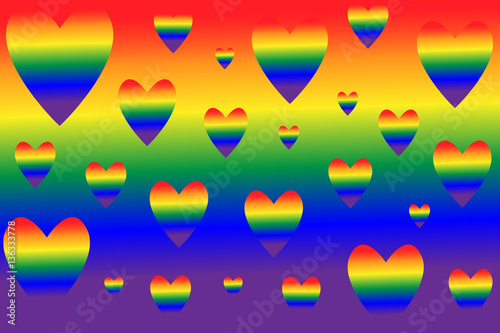 Multiple hearts with rainbow colors on a rainbow background