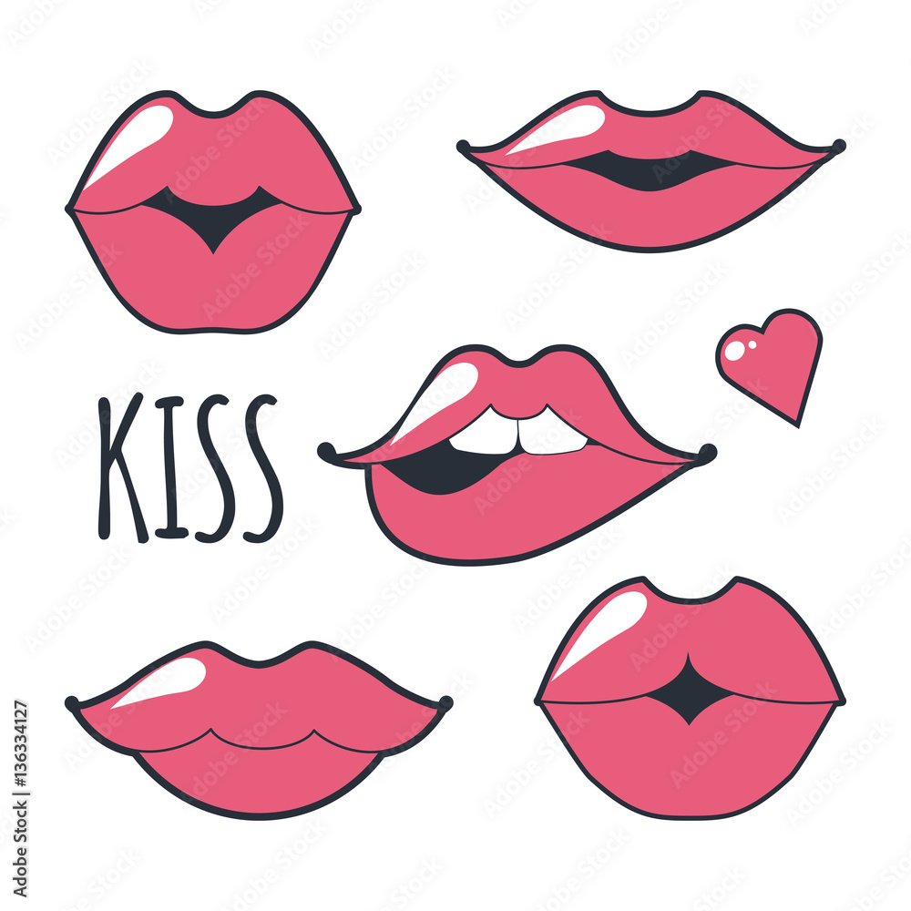 Different women s lips vector icon set isolated from white background. Red lips close up girls. Shape sending a kiss, kissing lips. Different women s lips vector icon set isolated from white background. Red lips close up girls. Shape sending a kiss, kissing lips.