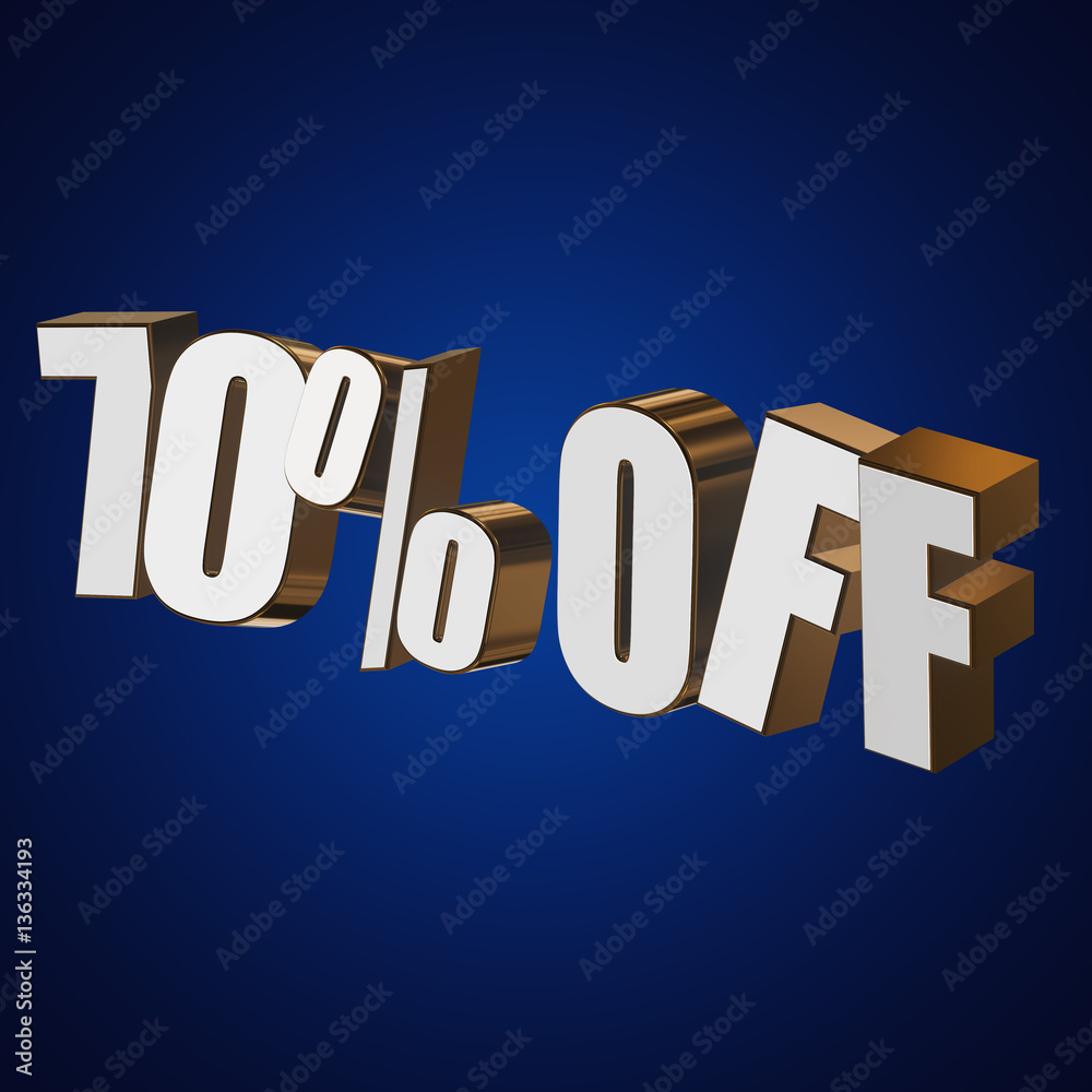 70 percent off letters on blue background. 3d render isolated. 70 percent off letters on blue background. 3d render isolated.