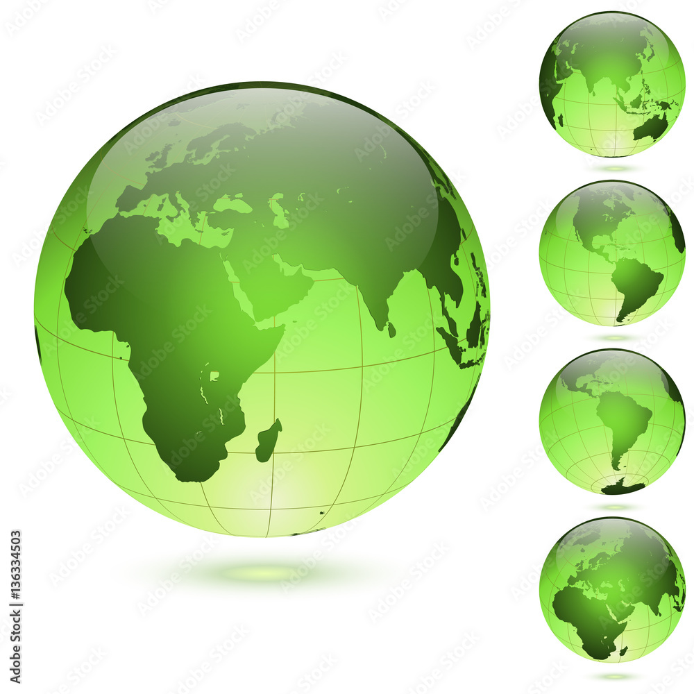 Obraz premium Green glossy globes set isolated on white background.
