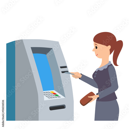 Woman using ATM machine. Vector illustration isolated white background.
