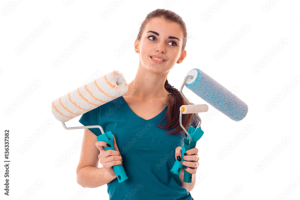 pretty brunette lady builder makes renovation isolated on white background pretty brunette lady builder makes renovation isolated on white background