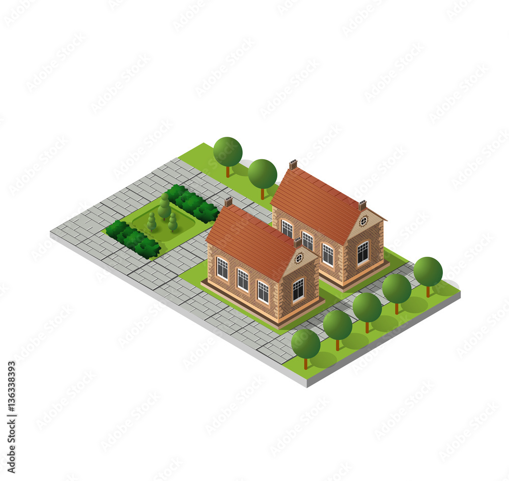 Retro isometric country college house municipal infrastructure and city educational objects
