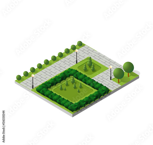 Isometric buildings city park furniture. Parkland garden concept with tree, bench and sidewalk in 3d flat tridimensional style. Vector illustration.