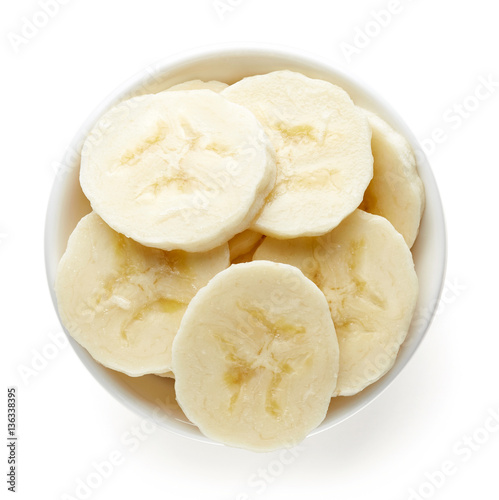 Bowl of sliced banana from above