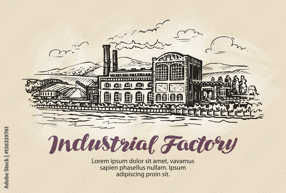 Industrial factory, plant sketch. Vintage building vector illustration