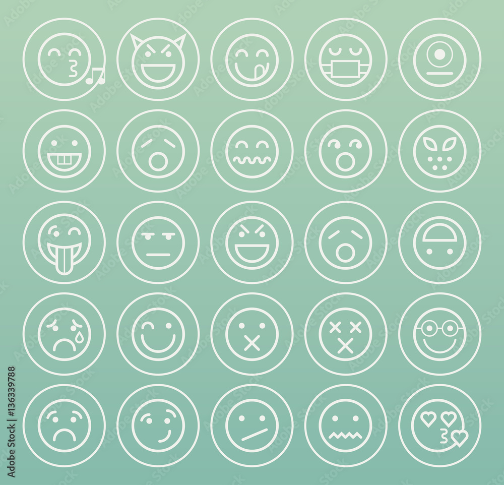 Set of Quality Universal Standard Minimal Simple White Thin Line Emoticons on Circles on Color Background Set of Quality Universal Standard Minimal Simple White Thin Line Emoticons on Circles on Color Background