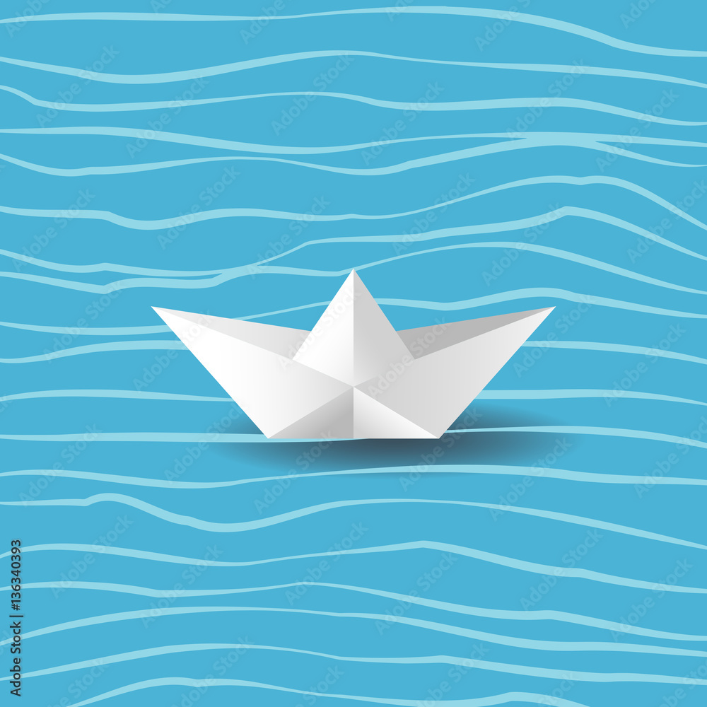 Origami paper ship on the sea. Paper boat sailing. Origami paper ship on the sea. Paper boat sailing.