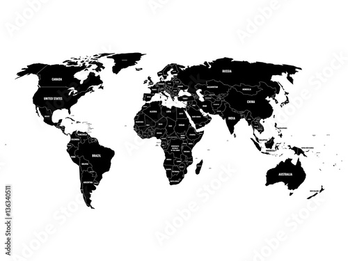 Black political World map with country borders and white state name labels. Hand drawn simplified vector illustration.