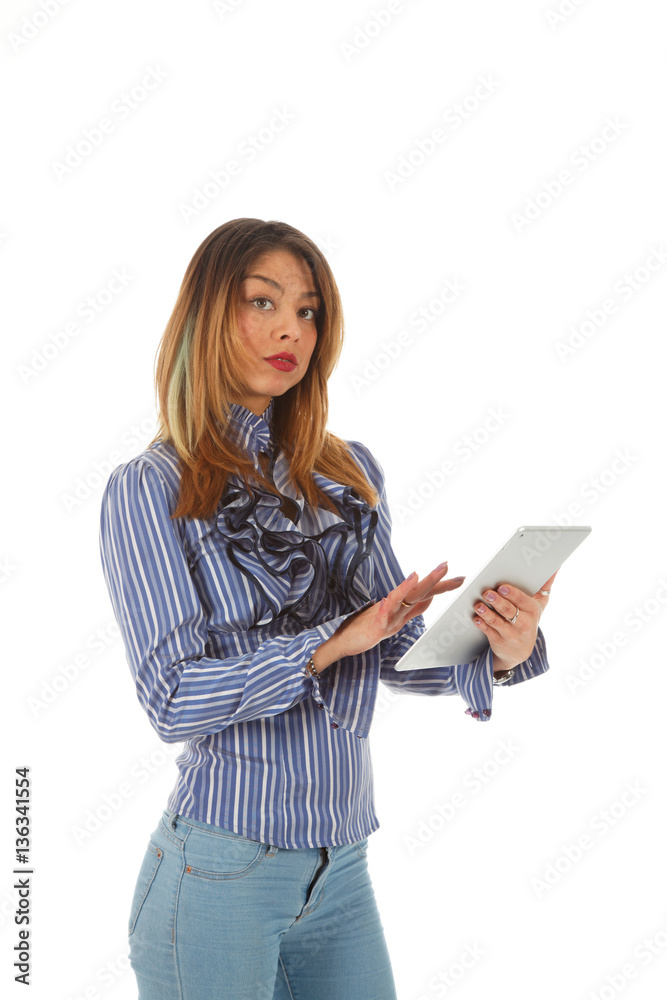 beautiful young brunette businesswoman points on ipad on white beautiful young brunette businesswoman points on ipad on white
