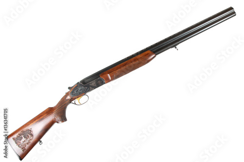 Old Soviet 12-gauge over and under double-barreled hunting gun isolated on a white background 