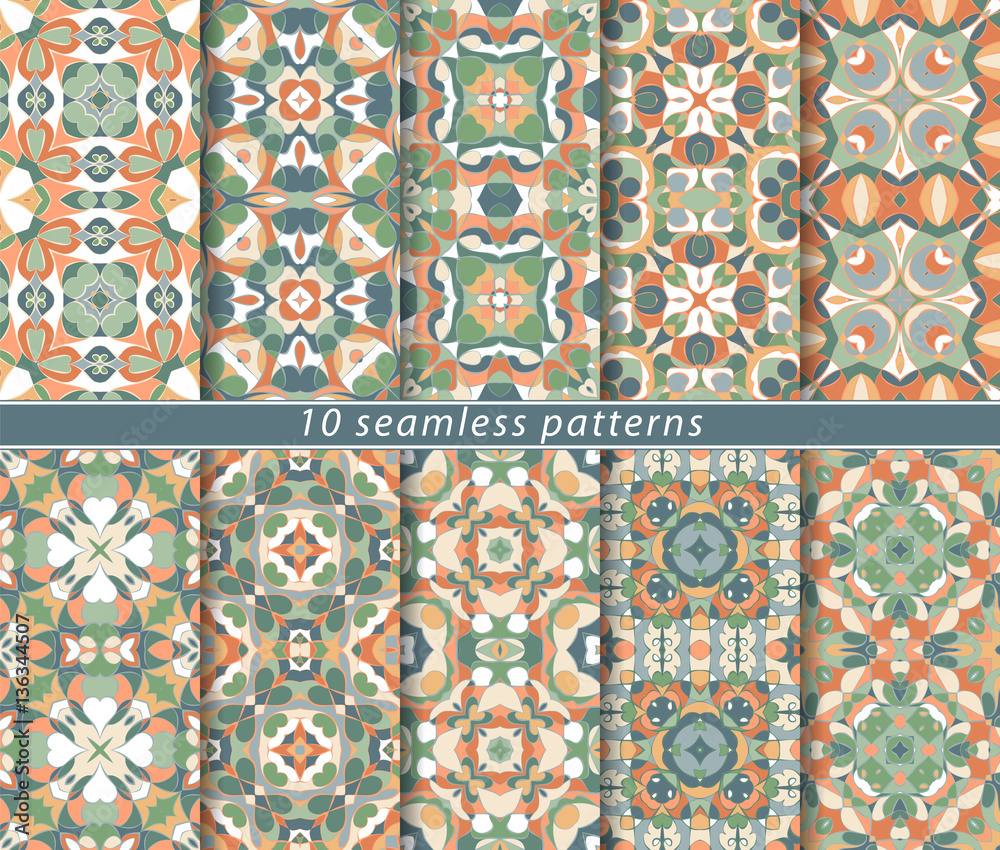 Set of ten classic seamless patterns in bright orange colors. Decorative and design elements for textile, book covers, manufacturing, wallpapers, print, gift wrap.