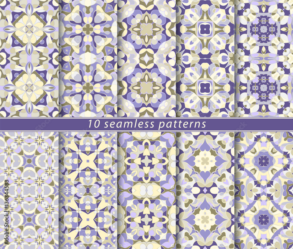 Set of ten classic seamless patterns in shades of blue and white. Decorative and design elements for textile, book covers, manufacturing, wallpapers, print, gift wrap.