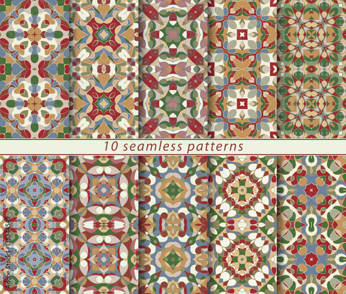 Set of bright seamless patterns. A collection of ten ornaments of red and orange in an ethnic style. Vector illustration.
