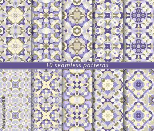 Set of ten classic seamless patterns in shades of blue and white. Decorative and design elements for textile, book covers, manufacturing, wallpapers, print, gift wrap.