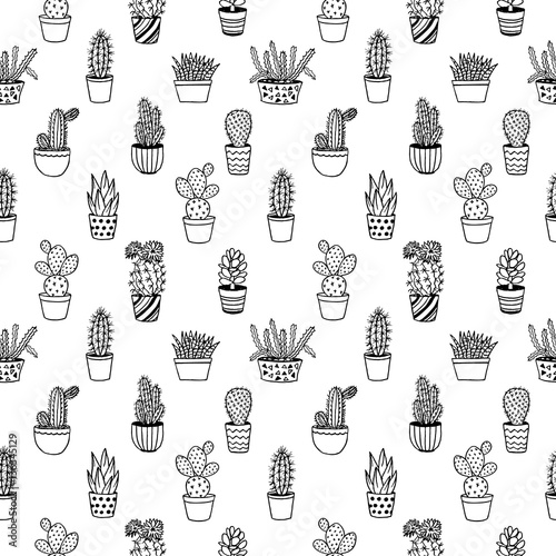Home cactus and succulents in pots hand drawn seamless pattern
