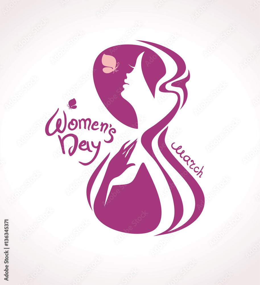 March 8. Woman with butterfly in the symbol figure eight. Calligraphy vector template. 