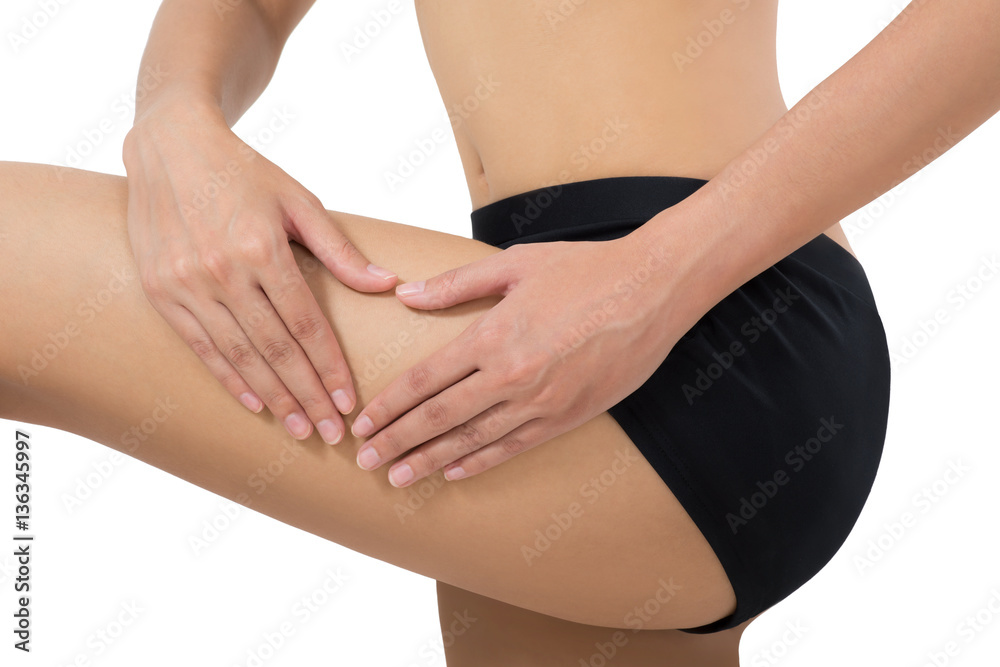 woman holding with massaging her thigh in pain area, Isolated on white background.