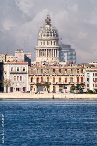 Old Havana buildings along the bay with a view of the Capitol