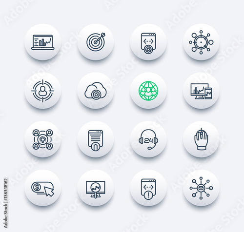 seo line icons set, search engine optimization, digital marketing, website analysis, indexing, vector illustration