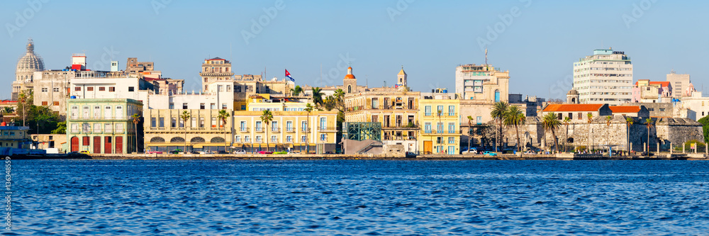 Panoramic view of Old Havana in Cuba with several seaside colorful buildings and landmarks