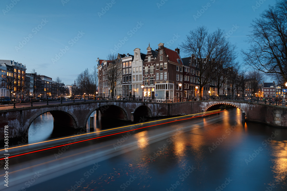 Amsterdam Keizersgracht a tour bout is passing by through the canal