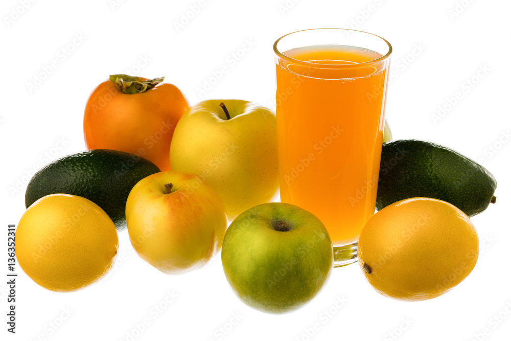 A glass of fruit juice, lemon, Apple, avocado, persimmon isolated on white background A glass of fruit juice, lemon, Apple, avocado, persimmon isolated on white background