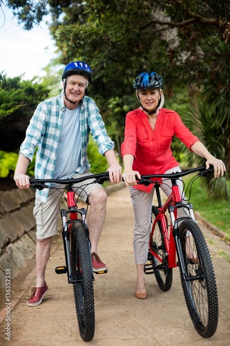 Portrait of senior couple standing with bicycle in park