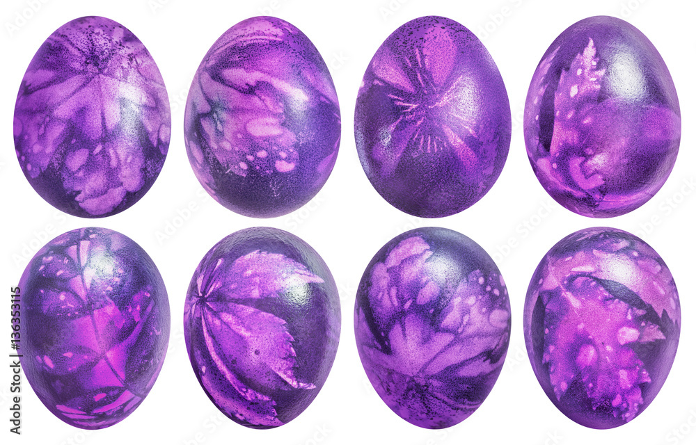 Collection of Eight Easter Eggs Dyed Purple and Decorated with Leaves Imprints Isolated on White Background Collection of Eight Easter Eggs Dyed Purple and Decorated with Leaves Imprints Isolated on White Background