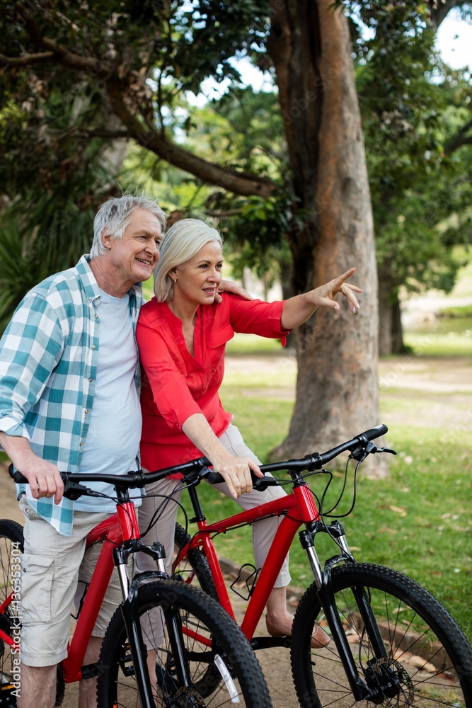 Senior couple standing with bicycle in park Senior couple standing with bicycle in park