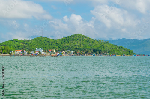 Obraz na płótnie Sea landscape with island shore and clouds - the South China sea - Vietnam, Nha Trang bay w salonie
