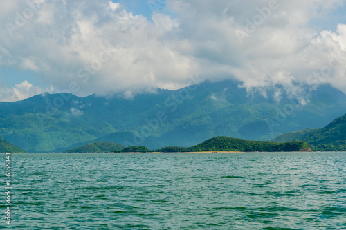Obraz na płótnie Sea landscape with island shore and clouds - the South China sea - Vietnam, Nha Trang bay w salonie