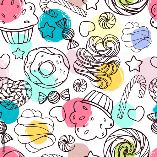 Seamless pattern with candy, donuts and lollipops.