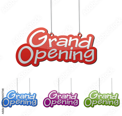 Set vector illustrations isolated tag banner grand opening in four color variant red, blue, purple and green. This element is wel adapted for web design.