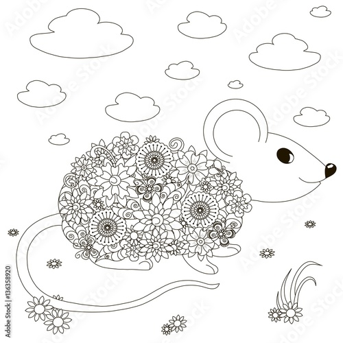 Hand drawn mouse, flowers, doodle, black and white anti stress vector illustration