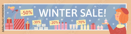 Winter sale banner. Woman shopping. Flat illustration showcase cosmetics store. Shop window and sale tags.