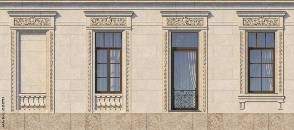 Framing of windows in classic style on the stone. 3d rendering. Framing of windows in classic style on the stone. 3d rendering.
