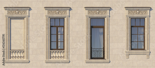 Framing of windows in classic style on the stone. 3d rendering.